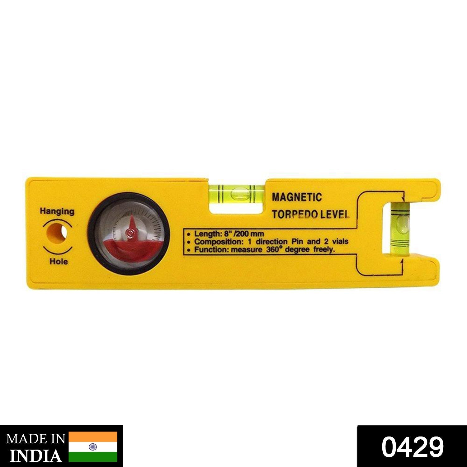 0429 8-inch Magnetic Torpedo Level with 1 Direction Pin, 2 Vials and 360 Degree View 0429 8-inch Magnetic Torpedo Level with 1 Direction Pin, 2 Vials and 360 Degree View
